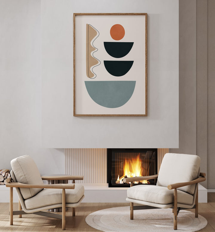 Stylish SEMICIRCLES V, BOHO ART PAINTINGS displayed in a modern living room setting with cozy chairs and a fireplace.