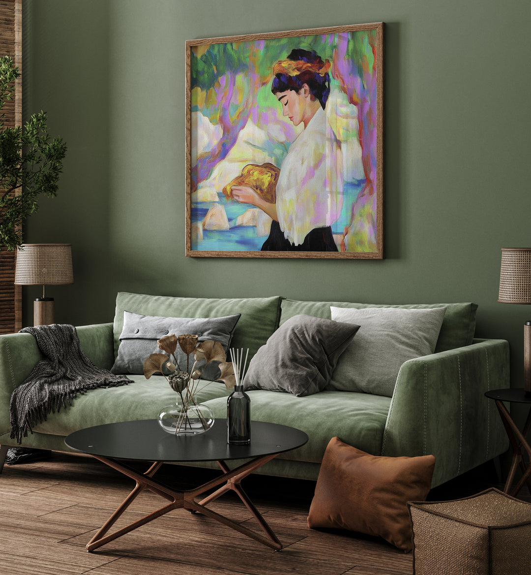Stunning WOMAN WITH A ROCK artwork displayed in an elegant living room, showcasing strength and beauty.