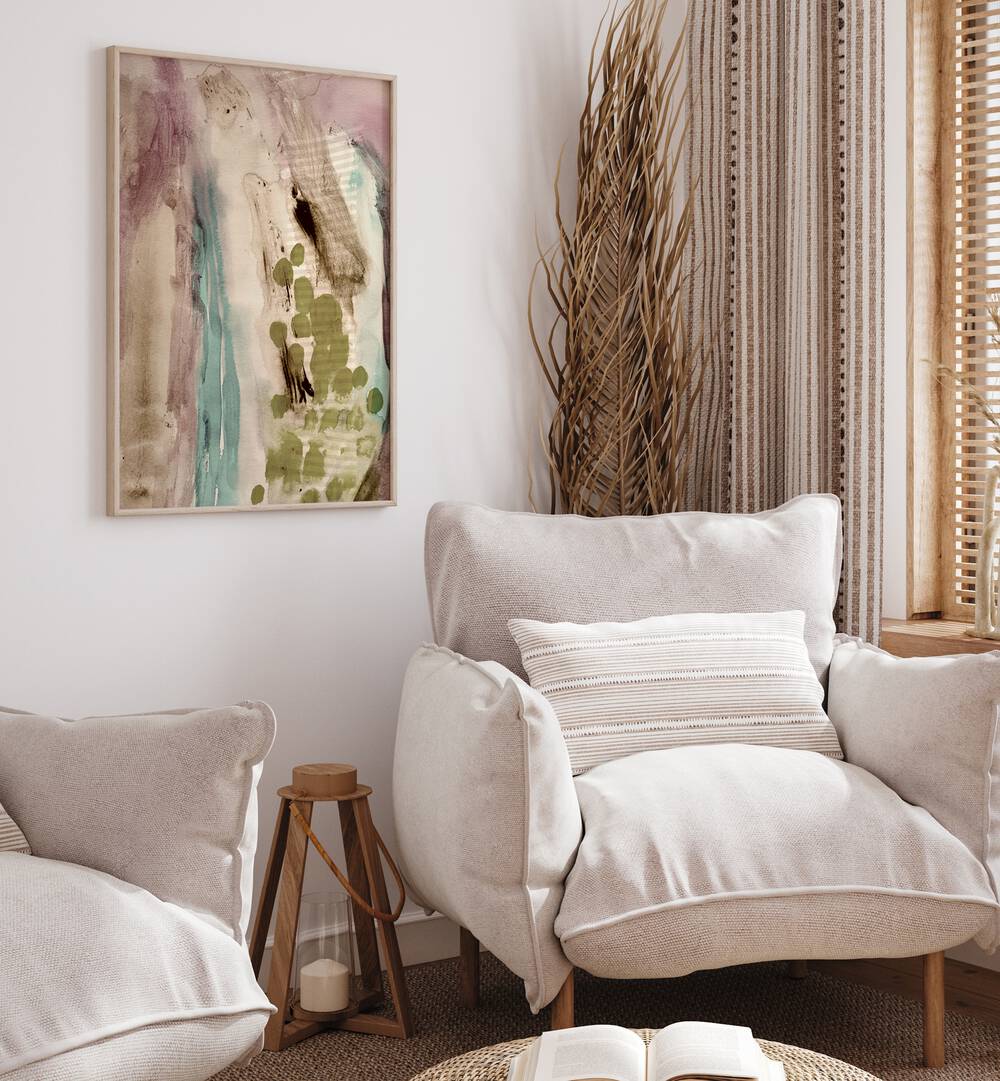 Stylish living room featuring EARTHY TONES, ABSTRACT PAINTINGS on the wall, perfect for modern decor.