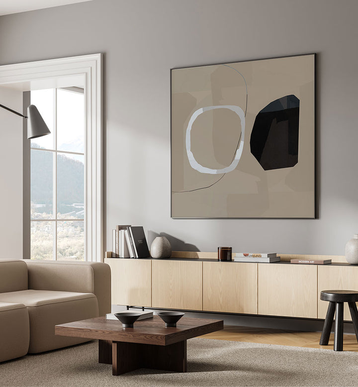 Stylish living room showcasing NEUTRAL SHAPES II, ABSTRACT PAINTINGS for modern elegance and minimalist beauty.