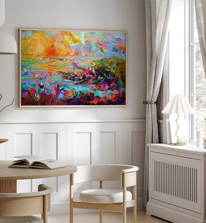 SUNSET OVER , LANDSCAPE PAINTINGS showcasing vibrant textured sunset seascape above round dining table