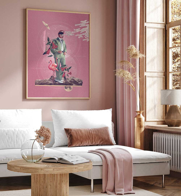 Stylish living room featuring TALK TO ME, SURREAL ART PRINTS on the wall, adding vibrant decor to the space.