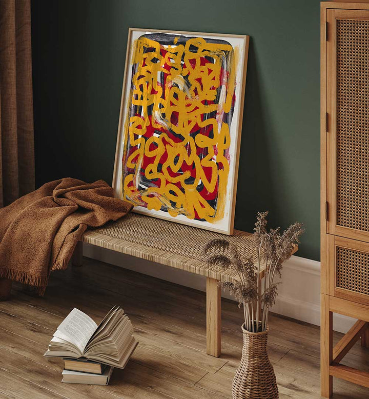 YELLOW DOTTED LINE ART ABSTRACT , LINE ART PAINTINGS