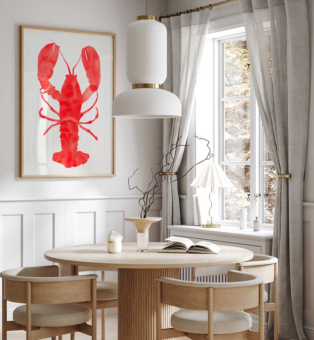 LOBSTER GRACE , KITCHEN POSTERS featuring bold red lobster art enhance modern kitchen decor with coastal elegance.