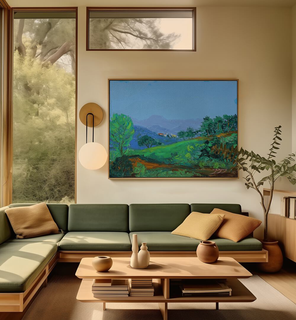 Vibrant GREEN HILLSIDE, LANDSCAPE PAINTINGS enhance modern living spaces with nature-inspired beauty.