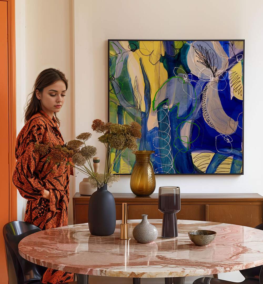 Stylish living space featuring WATER FLOWERS VI, ABSTRACT PAINTINGS, blending colors and textures for sophistication.
