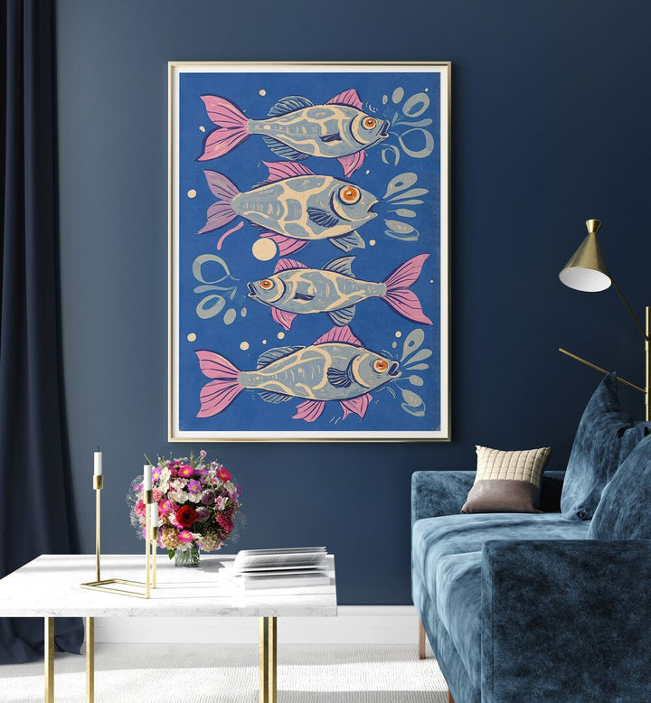 Vibrant OCEANIC LIFE - FISHES, BEACH PAINTINGS adorn a modern living space, enhancing coastal serenity.