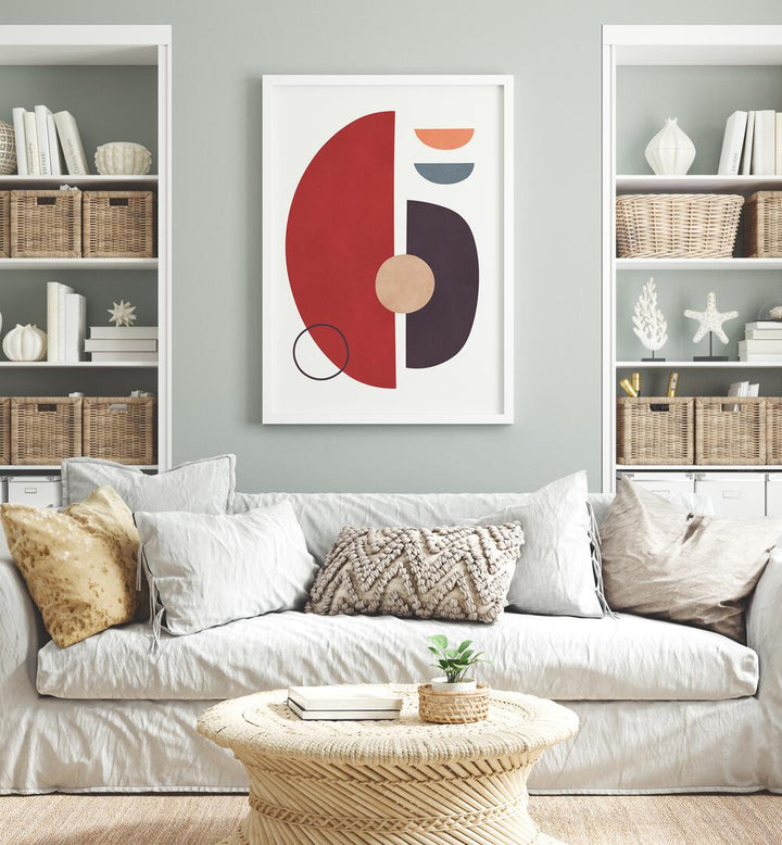Stylish living room featuring EXPRESSIVE VIII, GEOMETRIC ART PRINTS, adding vibrant color to modern decor.