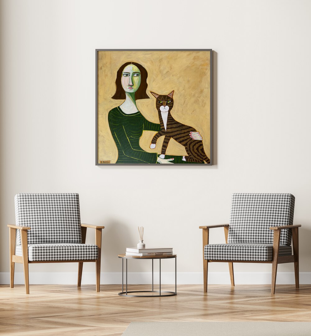 WOMAN WITH BROWN CAT  , WOMEN ILLUSTRATION PAINTINGS