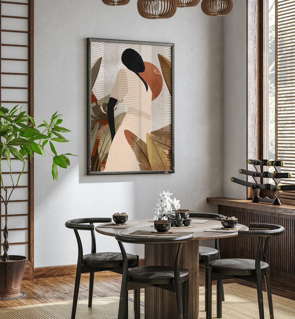 Vibrant TROPICAL GIRL, BOHO ART PAINTINGS decorates a stylish dining area, enhancing bohemian vibes and artistry.