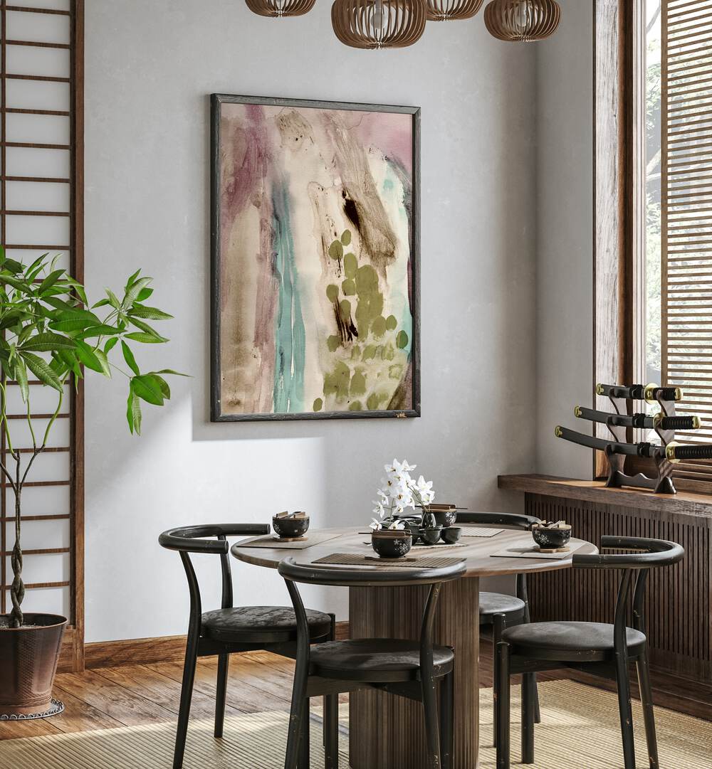 Stylish dining space featuring EARTHY TONES, ABSTRACT PAINTINGS that enhance modern decor and tranquility.