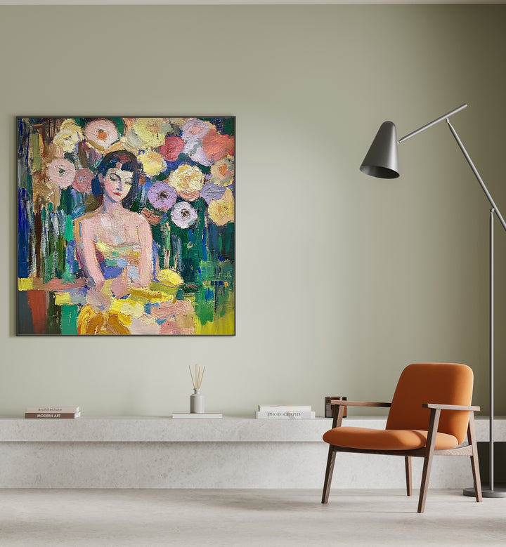Stunning WOMAN WITH FLOWERS artwork, capturing femininity and elegance, perfect for enhancing any space.