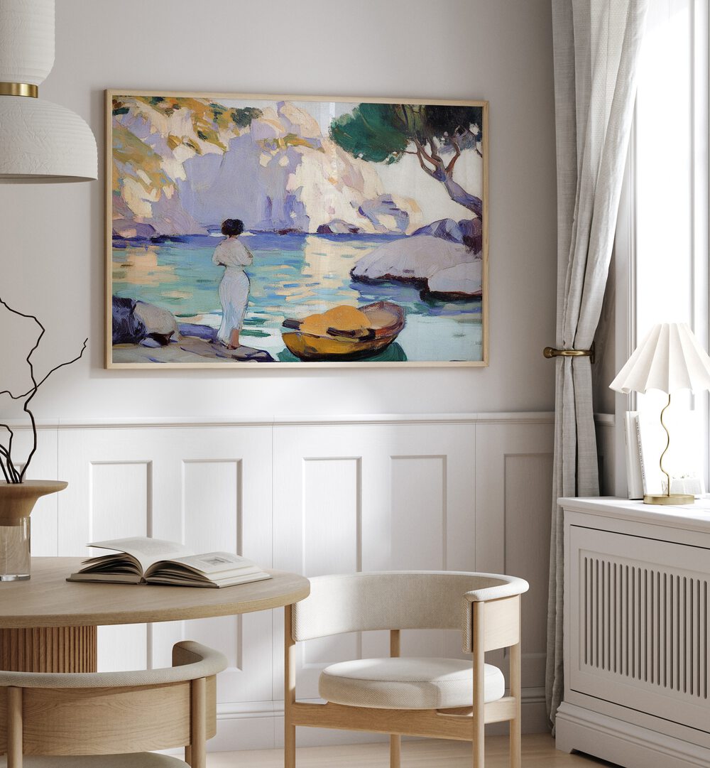 Serene artwork featuring a WOMAN IN A BOAT, gracefully navigating tranquil waters, perfect for any elegant space.