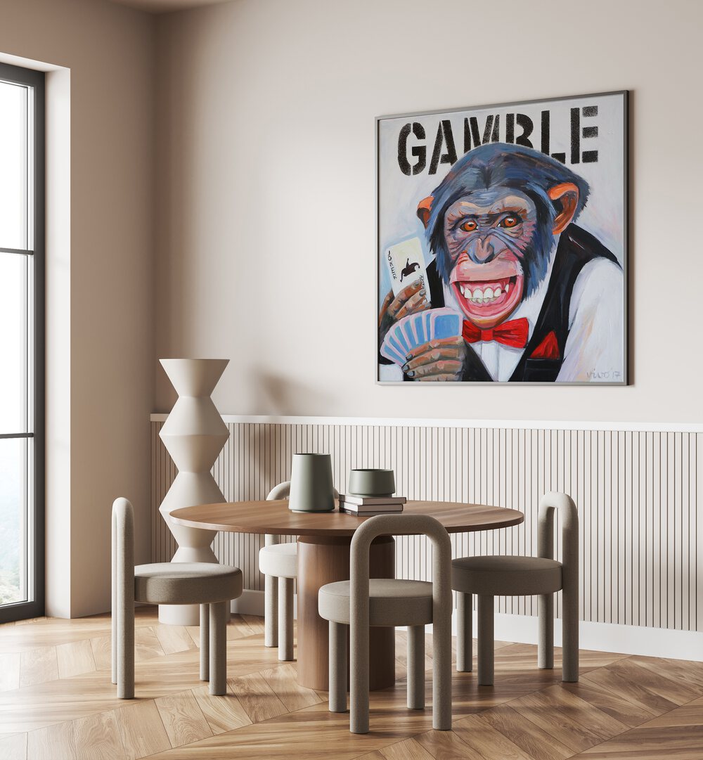 Vibrant PRIMATE'S POKER FACE, COMIC POSTERS artwork featuring an expressive monkey, perfect for any game room decor.