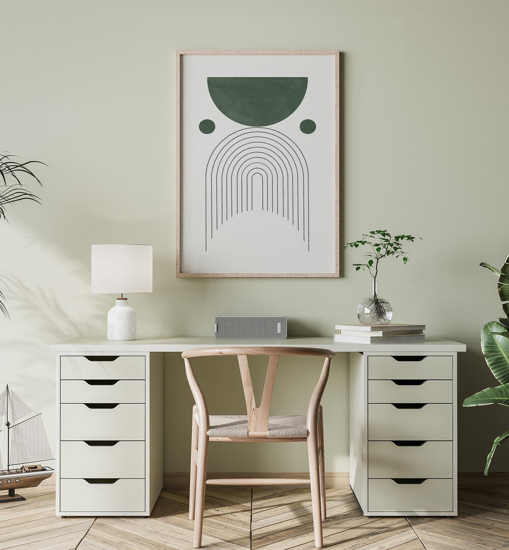 Stylish workspace featuring GREEN MID CENTURY MODERN NO.3, GEOMETRIC ART PRINTS, adding modern elegance to any room.