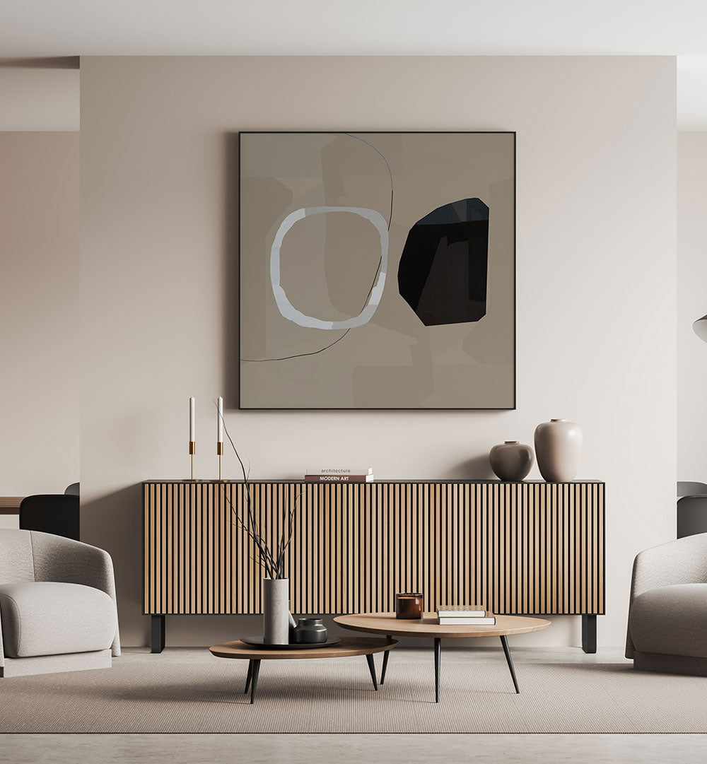 Stylish living room featuring NEUTRAL SHAPES II, ABSTRACT PAINTINGS, enhancing modern elegance and minimalism.