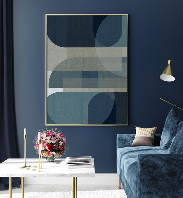 Stylish living room featuring WOVEN BLUE LAYERS III, GEOMETRIC ART PRINTS, enhancing contemporary decor with abstract design.