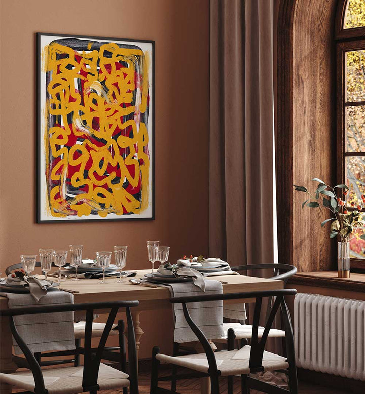 YELLOW DOTTED LINE ART ABSTRACT , LINE ART PAINTINGS