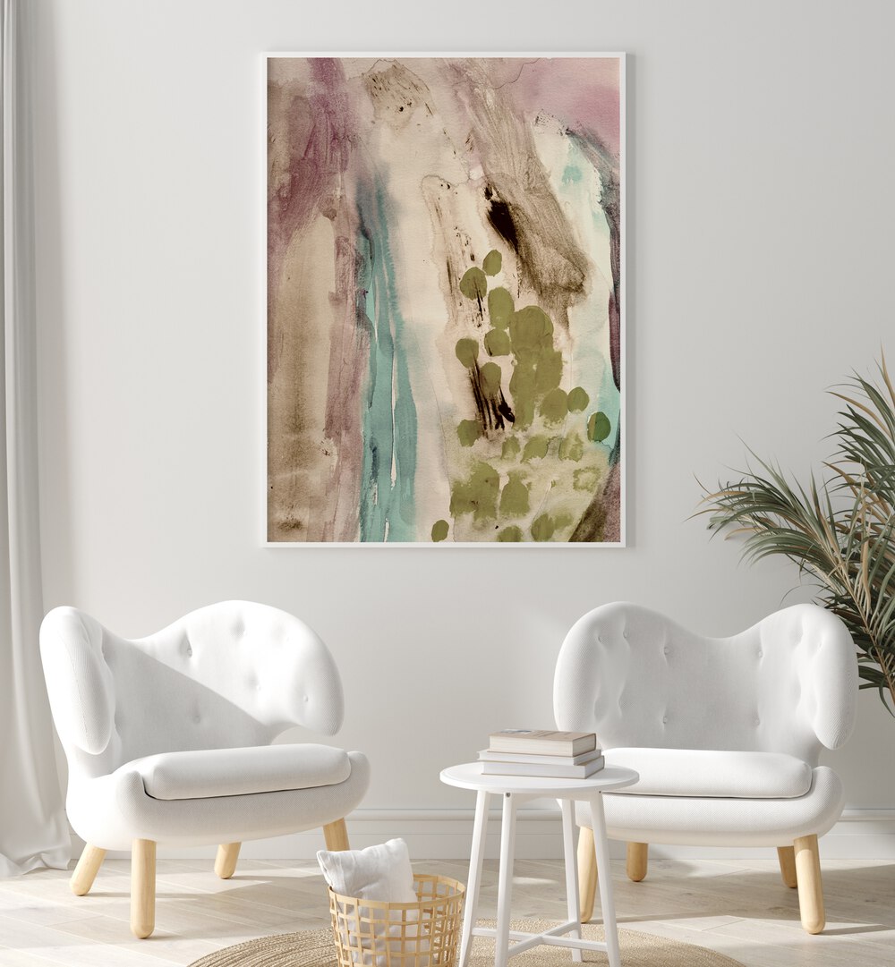 Stylish living room featuring EARTHY TONES, ABSTRACT PAINTINGS that enhance the decor with soothing colors.