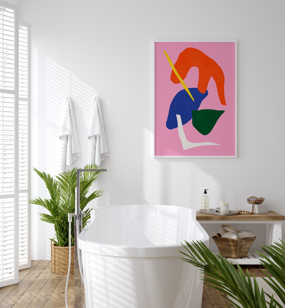 Bright and modern bathroom featuring EXPRESSIVE XII, GEOMETRIC ART PRINTS, adding a touch of creativity to the space.