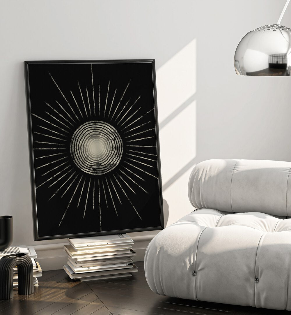 Stylish room featuring the MIDNIGHT SUN ABSTRACTION, GEOMETRIC ART PRINTS, enhancing modern decor with bold design.