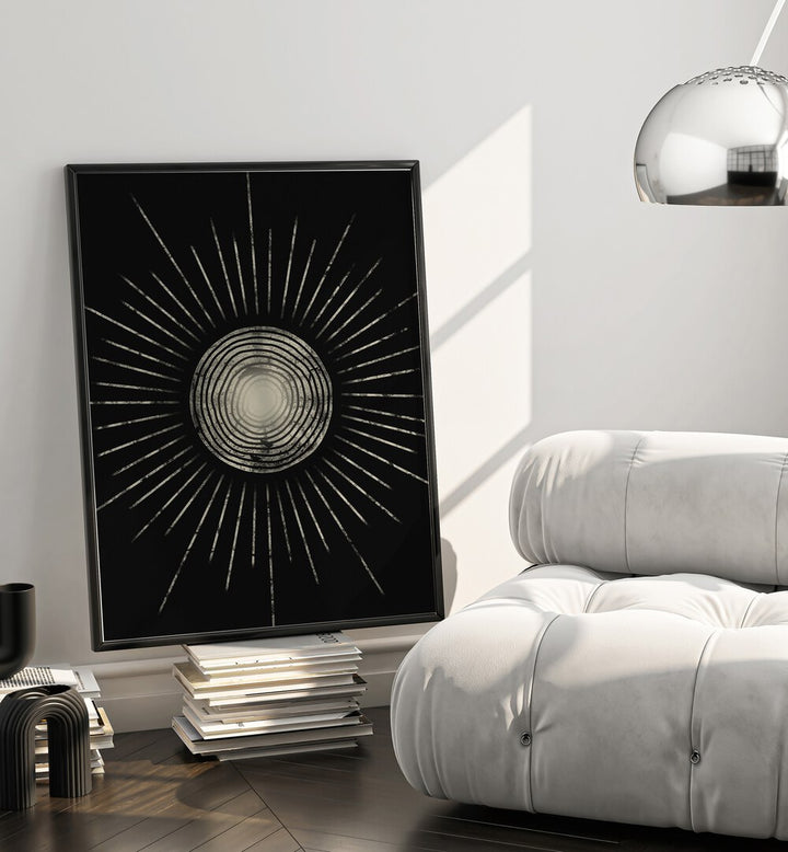 Stylish room featuring the MIDNIGHT SUN ABSTRACTION, GEOMETRIC ART PRINTS, enhancing modern decor with bold design.