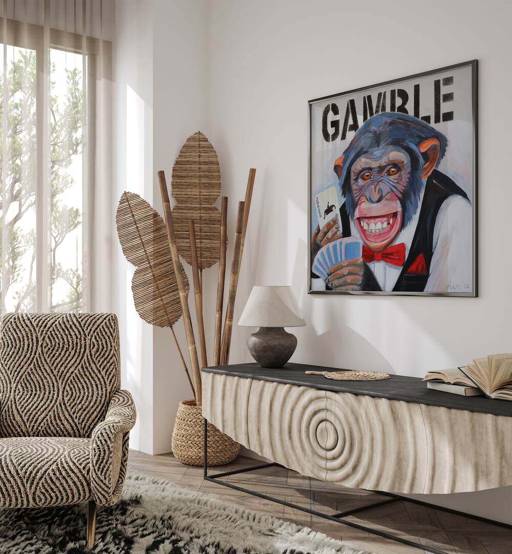 PRIMATE'S POKER FACE, COMIC POSTERS showcase vibrant comic art featuring a playful chimpanzee in a stylish setting.