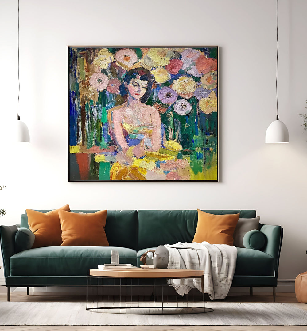 Stunning WOMAN WITH FLOWERS artwork adds elegance and femininity to any space, perfect for art enthusiasts.