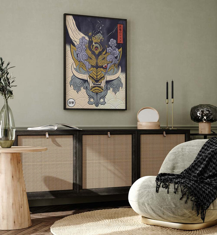 Stunning MASK OF YOKA, JAPANESE PAINTINGS, showcasing intricate craftsmanship in a stylish interior setting.
