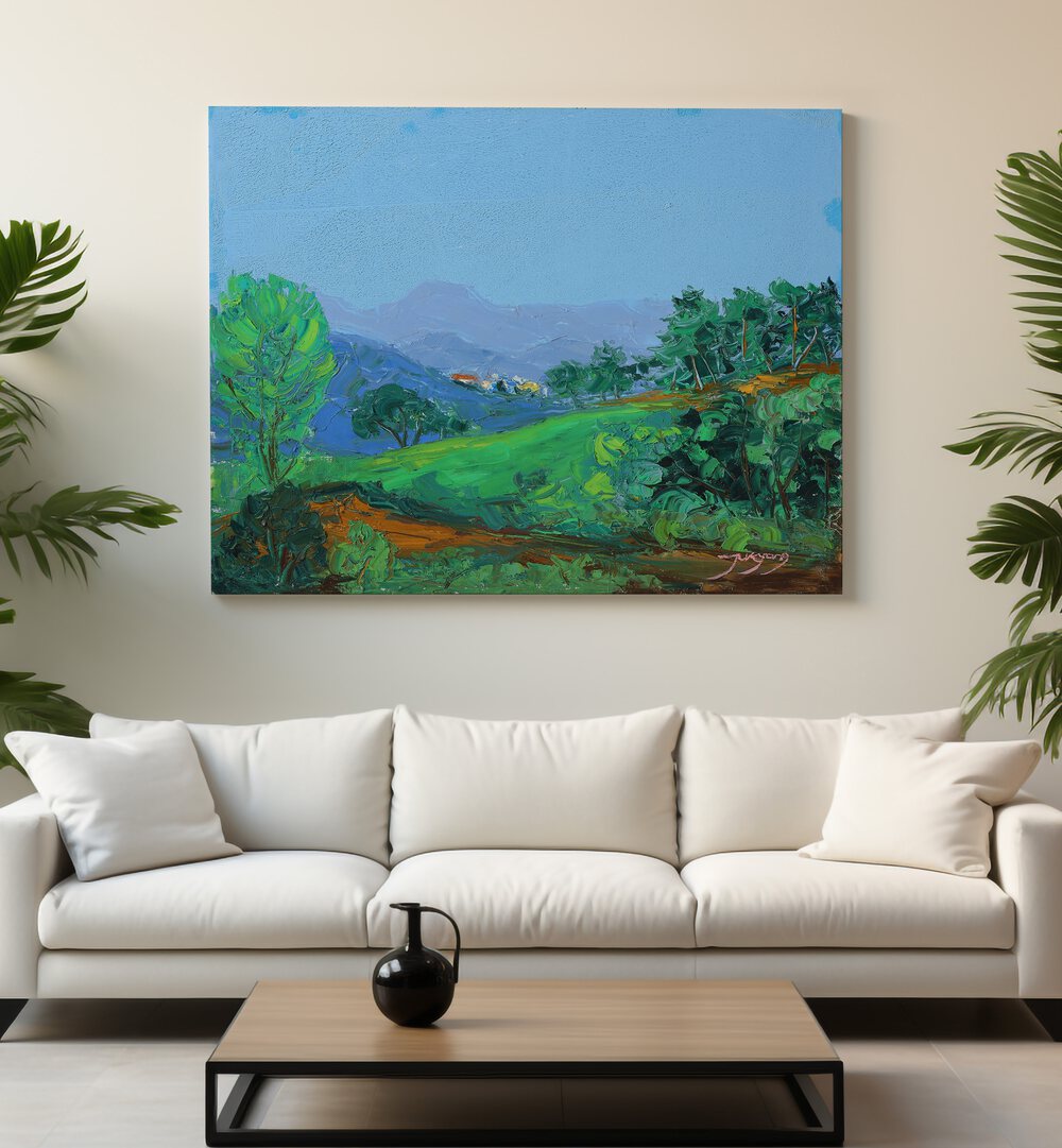 Vibrant GREEN HILLSIDE, LANDSCAPE PAINTINGS on display in a modern living room with lush greenery accents.