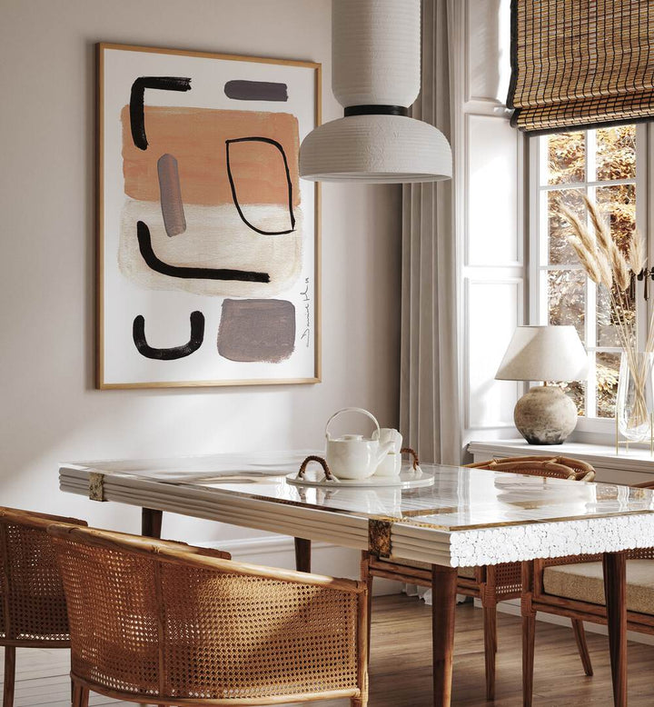 Stylish dining area featuring AMSTERDAM, ABSTRACT PAINTINGS that enhance the modern decor and vibrant ambiance.
