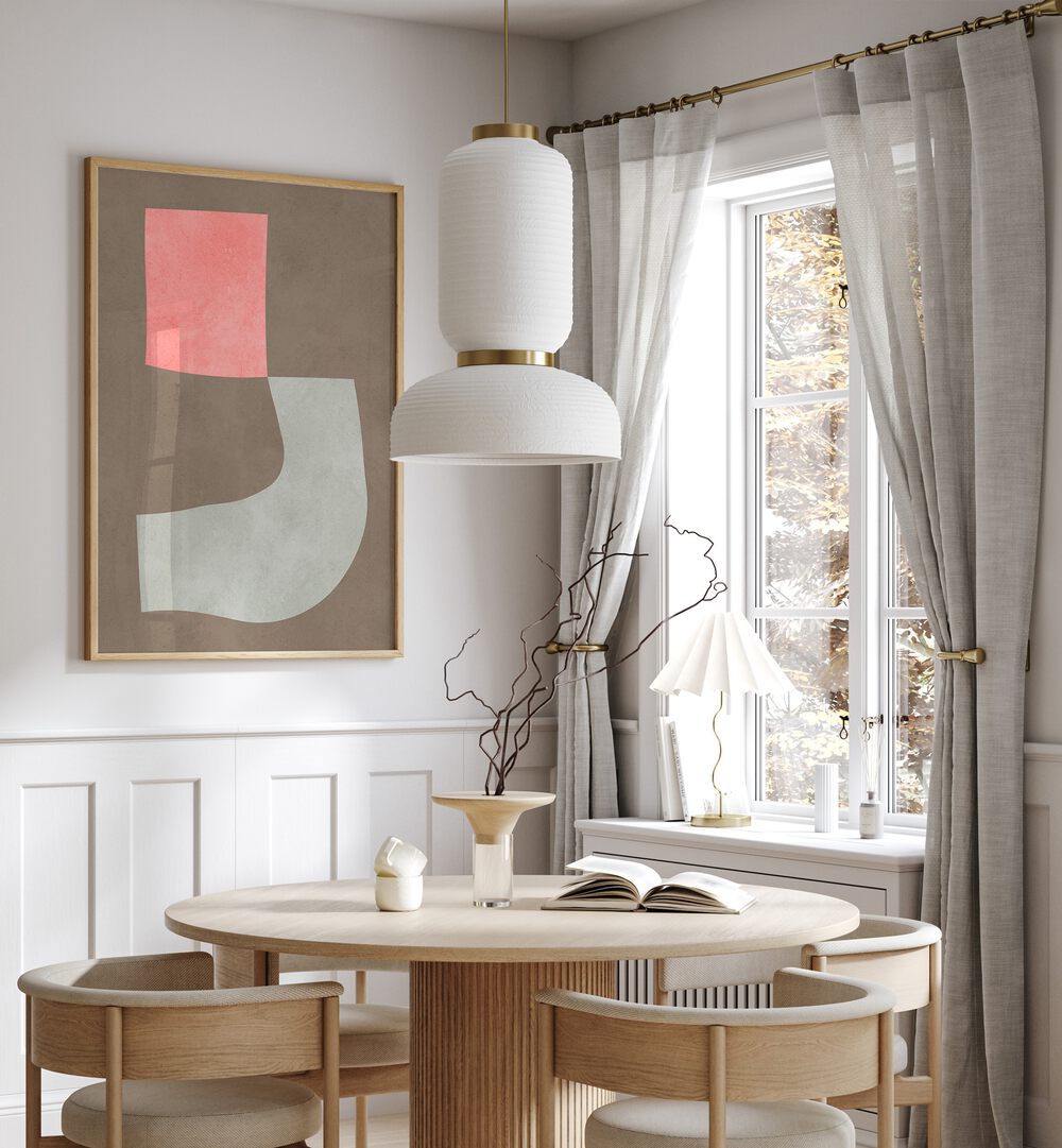 Stylish dining area showcasing MODERN SHAPES XI, BOHO ART PAINTINGS, enhancing contemporary home decor.