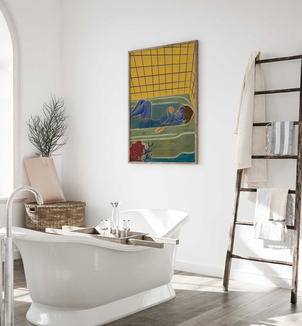 Elegant bathroom scene featuring THE ROSE, PORTRAITS artwork, blending artistry with serene home decor.