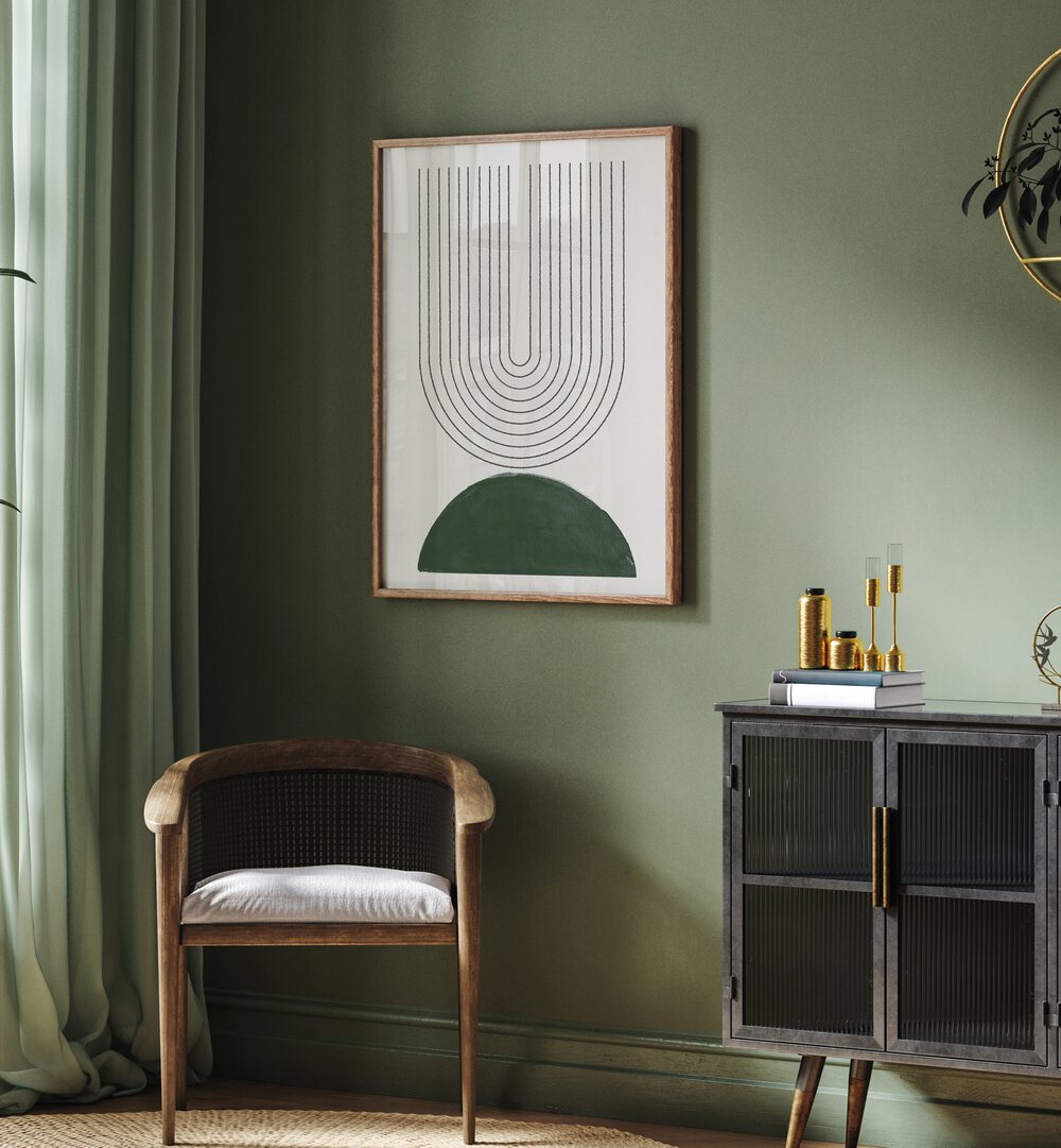Stylish GREEN MODERN NO.5, GEOMETRIC ART PRINTS elevating contemporary home decor in a mid-century inspired setting.