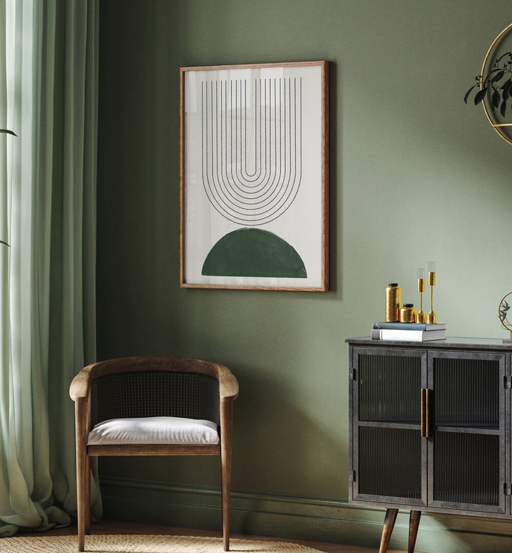 Stylish GREEN MODERN NO.5, GEOMETRIC ART PRINTS elevating contemporary home decor in a mid-century inspired setting.
