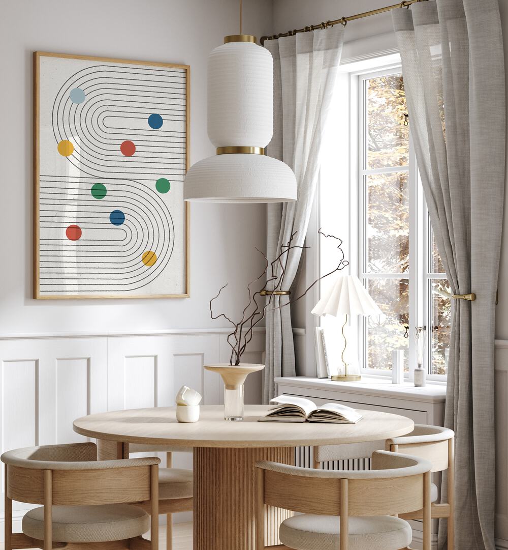 Colorful Retro Dots Balance, Boho Art Paintings brighten up a modern dining space with abstract elegance.