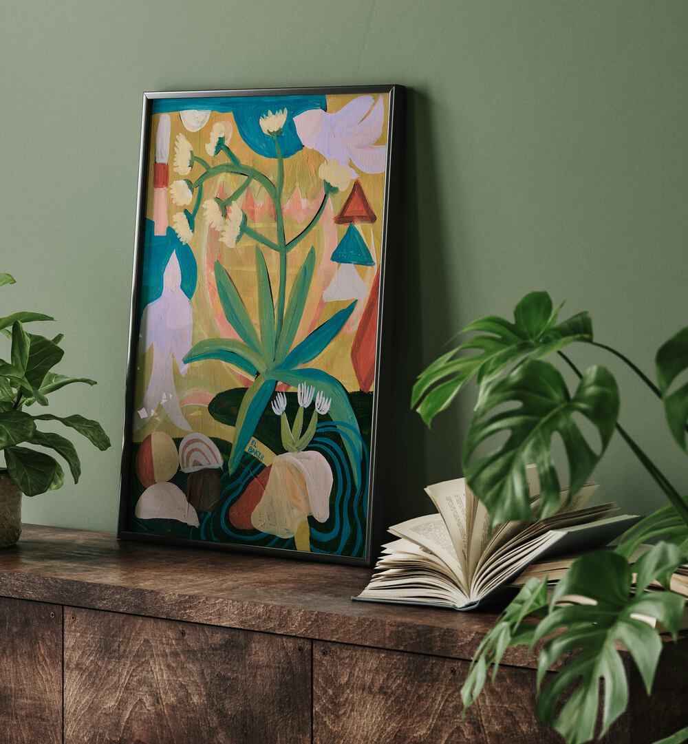 Vibrant TROPICAL CELEBRATION, FLORAL FLOWER PAINTINGS adorn a stylish home setting with lush greenery.