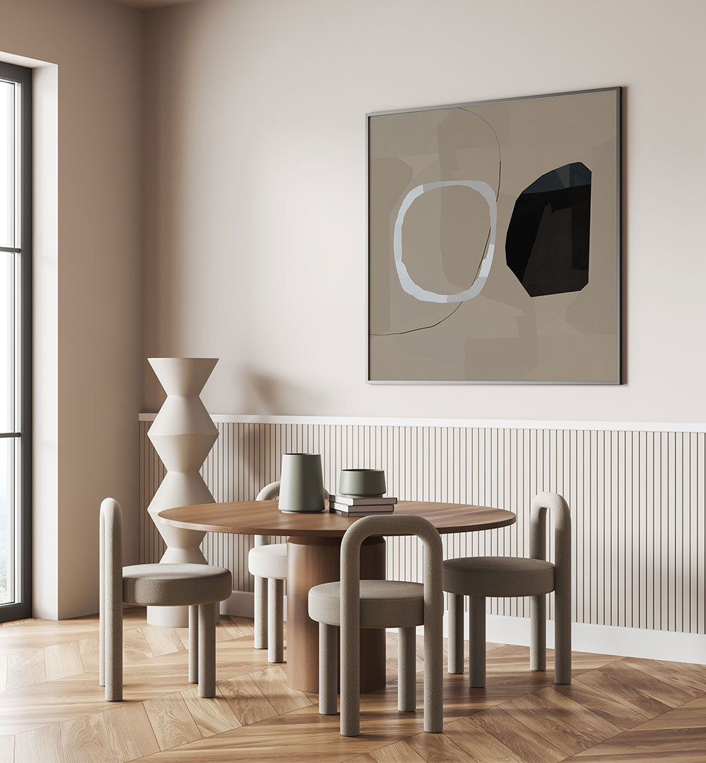 Modern living room showcasing NEUTRAL SHAPES II, ABSTRACT PAINTINGS, enhancing elegance and minimalist beauty.