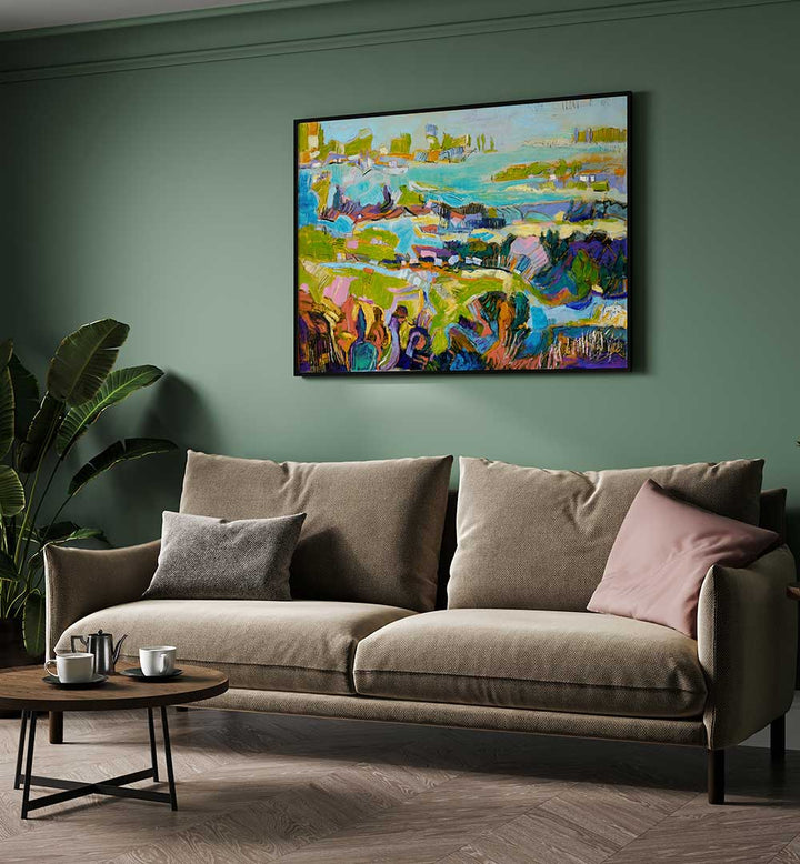 VIBRANT LANDSCAPE , LANDSCAPE PAINTINGS colorful abstract framed landscape above sofa in green living room