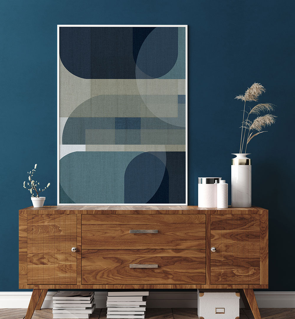 Stunning WOVEN BLUE LAYERS III, GEOMETRIC ART PRINTS displayed in a modern living space, enhancing contemporary decor.