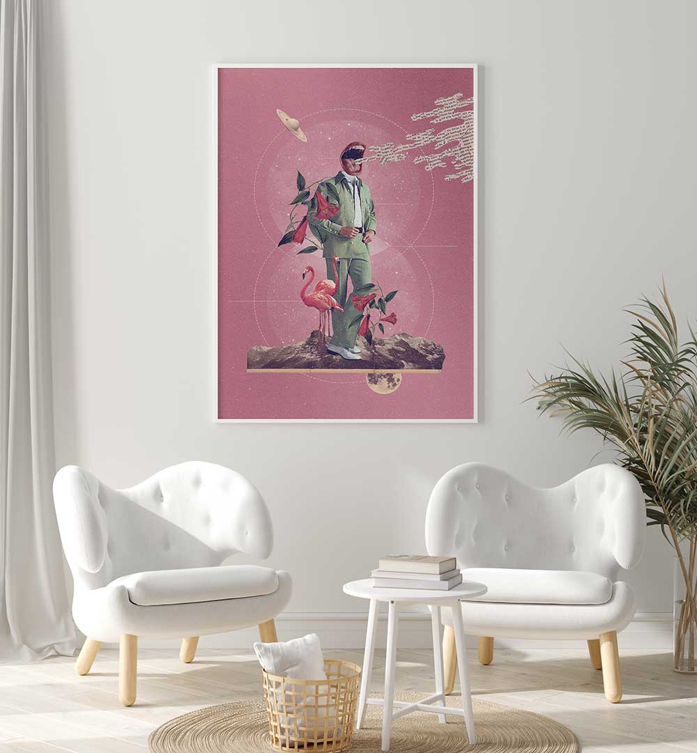 TALK TO ME, SURREAL ART PRINTS showcase a unique blend of surrealism and vibrant colors in a stylish setting.