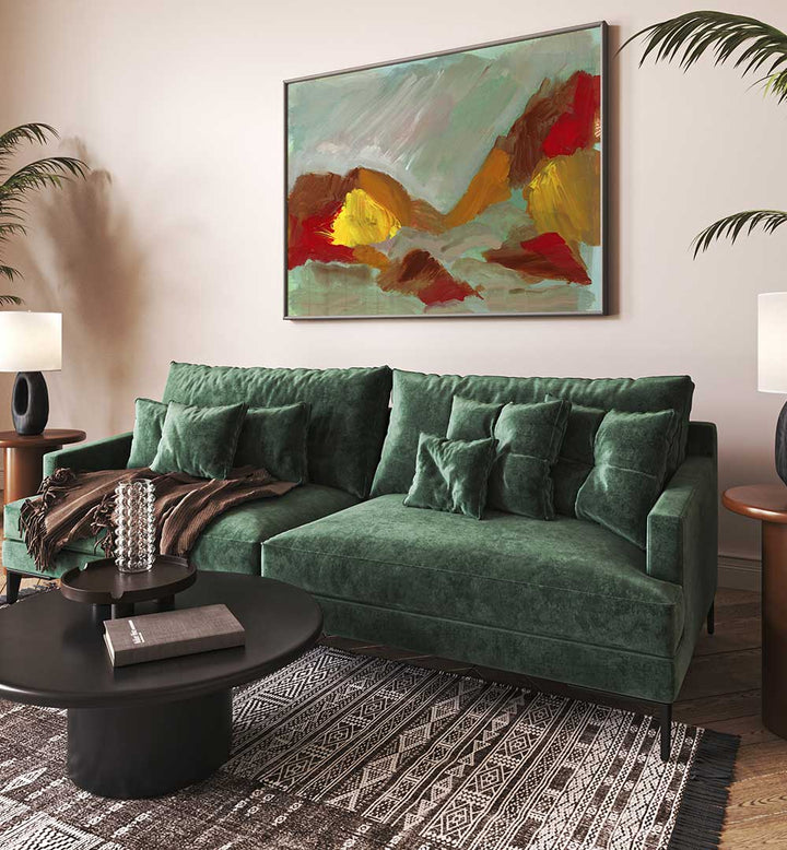 Vibrant WILD TERRAIN, LANDSCAPE PAINTINGS enhance a cozy living space with rich colors and textures.