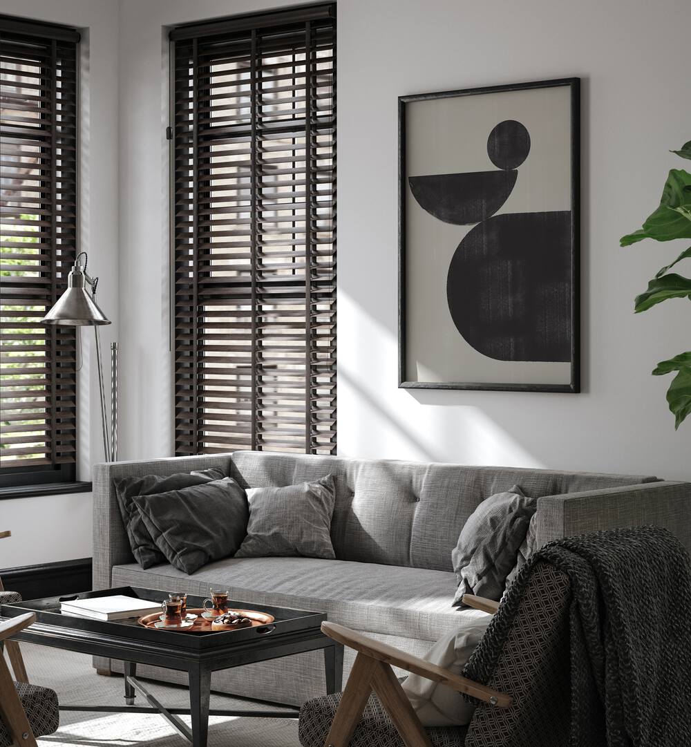 Stylish living room featuring SHAPE STUDY III, GEOMETRIC ART PRINTS by The Miuus Studio, enhancing modern decor.