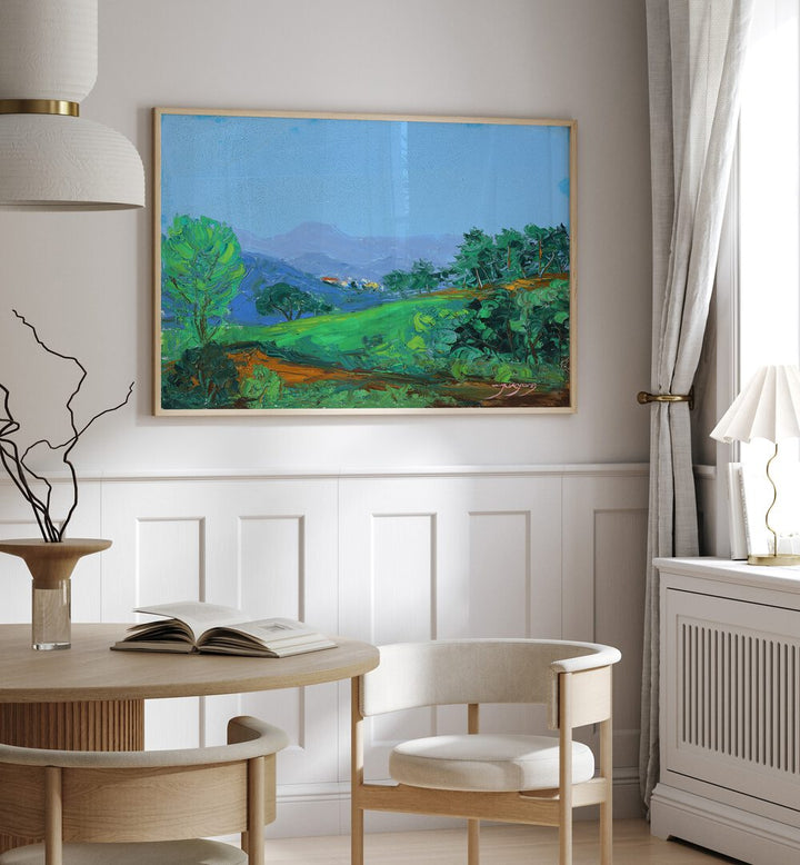 Lush green hillside landscape painting brightens a modern interior, showcasing the beauty of GREEN HILLSIDE, LANDSCAPE PAINTINGS.