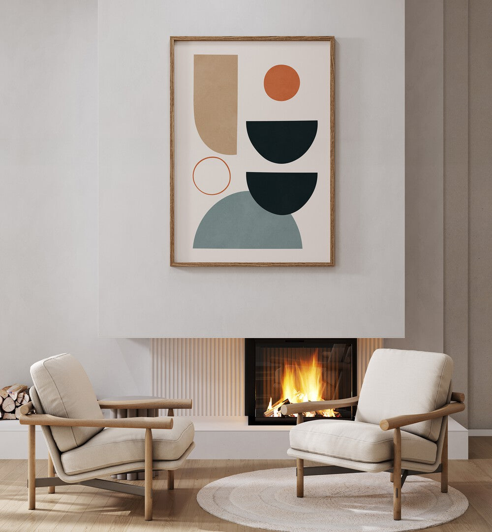 Colorful SEMICIRCLES VI, BOHO ART PAINTINGS framed above cozy chairs, adding modern elegance to any space.