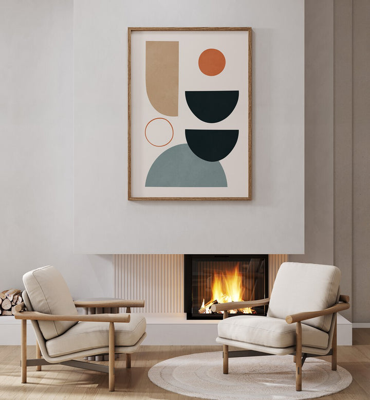 Colorful SEMICIRCLES VI, BOHO ART PAINTINGS framed above cozy chairs, adding modern elegance to any space.