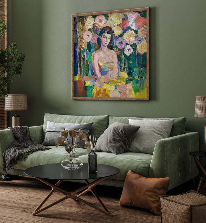 Stunning artwork featuring a WOMAN WITH FLOWERS, perfect for adding elegance to your home decor.
