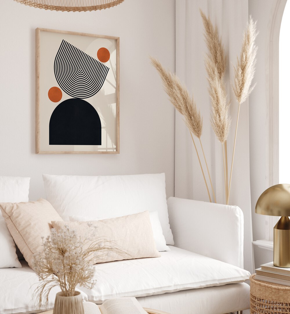 Stylish CIRCLES AND LINES V, BOHO ART PAINTINGS featured in a cozy living room, enhancing modern decor with elegance.