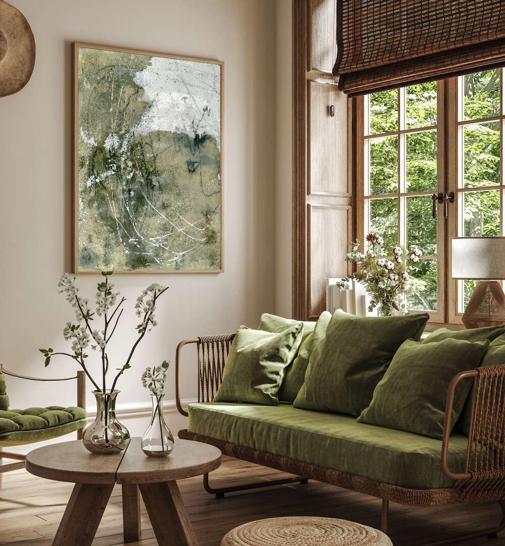 Stylish living room featuring LAYERS AND MARKS I, ABSTRACT PAINTINGS, enhancing the space with vibrant artistry.