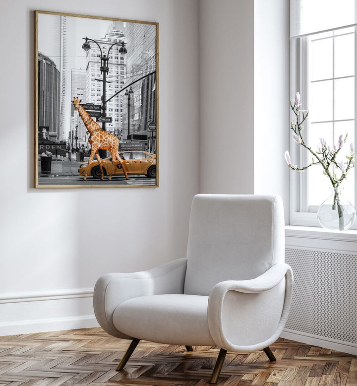 Bright and whimsical MORNING WALK, ANIMAL PAINTINGS featuring a giraffe in a cityscape, perfect for modern decor.